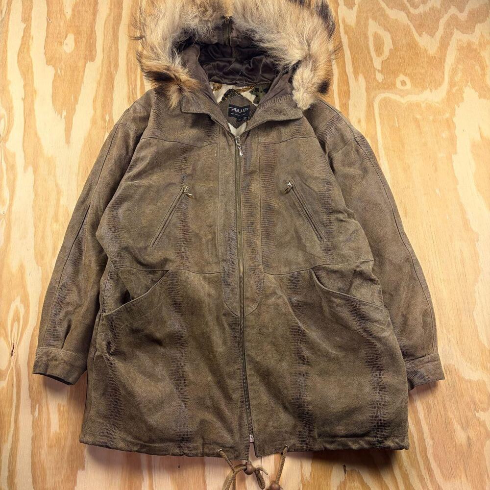 Vintage 90s Pelle Pelle Leather Coat – Brown Suede – Coyote Fur Hood – Men’s S